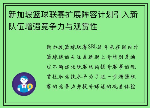 新加坡篮球联赛扩展阵容计划引入新队伍增强竞争力与观赏性