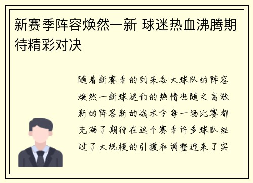 新赛季阵容焕然一新 球迷热血沸腾期待精彩对决