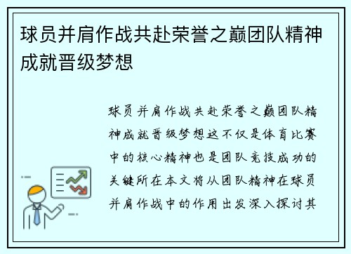 球员并肩作战共赴荣誉之巅团队精神成就晋级梦想